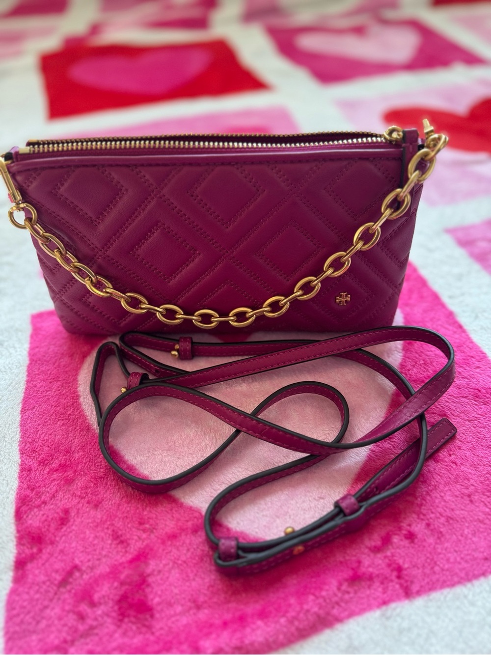 Tory Burch Quilted Crossbody Bag in Raspberry